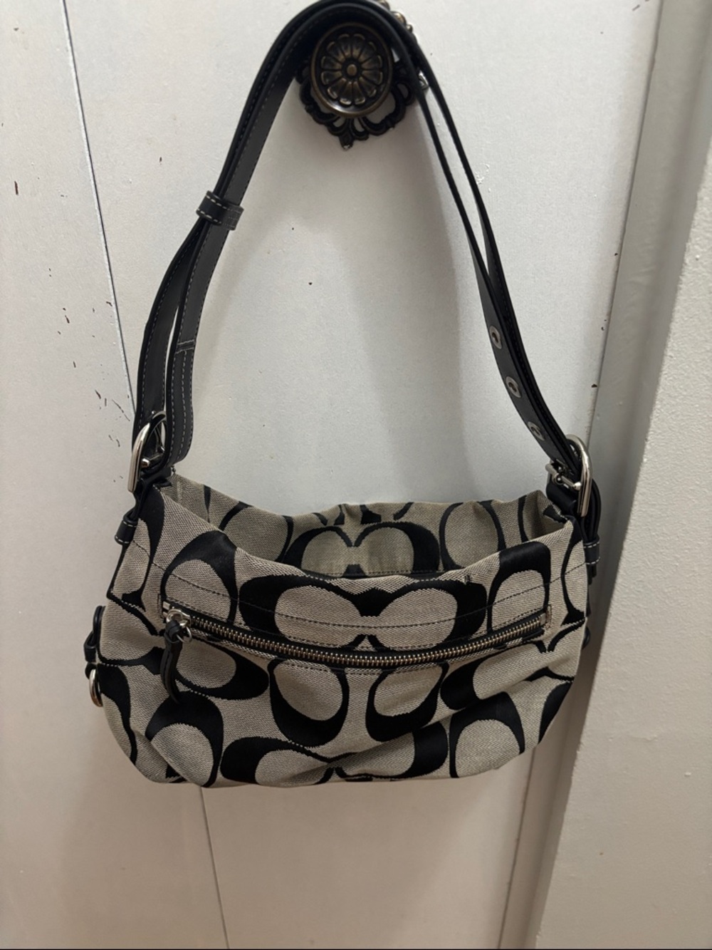Coach Black and Cream Signature Shoulder Bag